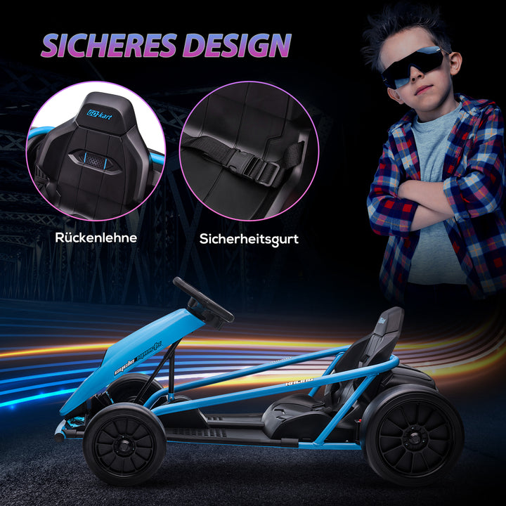 Elektrisk gokart til børn, driftfunktion, horn, musik, sikkerhedssele, blød start, blå/sort