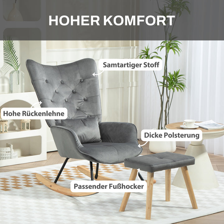 Accentstol med fodskammel, polstret, høj ryg, fløjlslook, op til 150 kg, mørkegrå