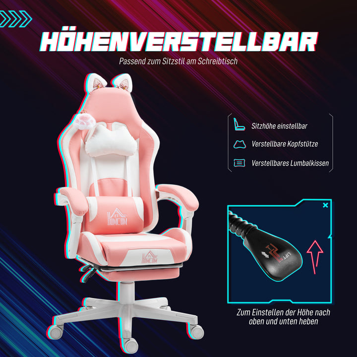 Gamingstol med katteører, lænelæn, udtrækkelig fodstøtte, op til 120 kg, pink/hvid