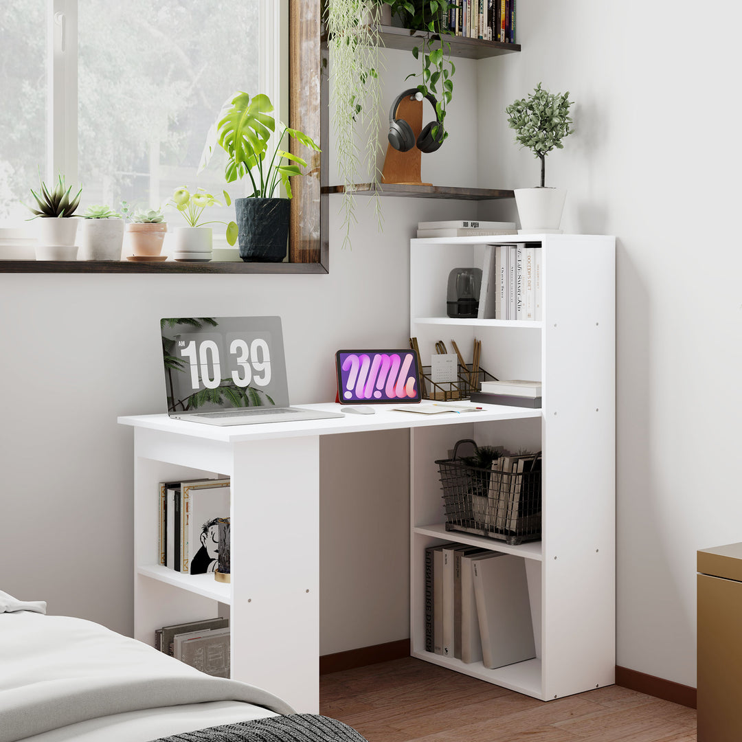 Skrivebord kontorbord computerbord, 2 hylder, 5 hylder, 120 cm x 55 cm x 120 cm, hvid