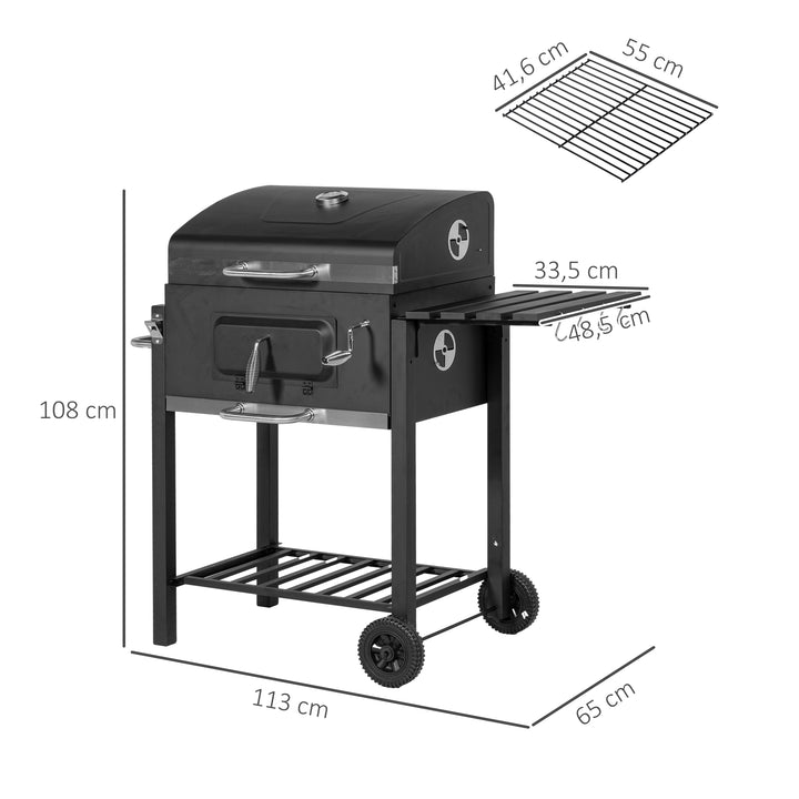 Kulgrillrøger bbq-røger, 1 hylde, 1 håndklædetørrer, 2 grillriste, 113 cm x 65 cm x 108 cm, sort