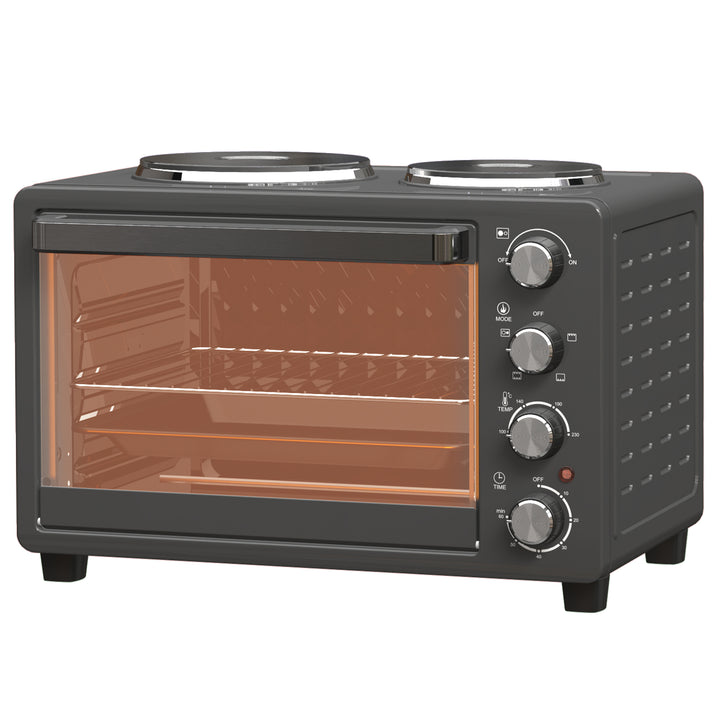 28 L brødristerovn, kompakt ovn til madlavning og grillning, elektrisk ovn med bageplade, grillrist, 2600w, sort