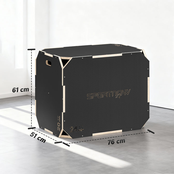 3-i-1 Plyo Box, hoppeboks med håndtagsåbninger, til hjemmefitness og udendørs træning, 3 hoppehøjder, træ, sort