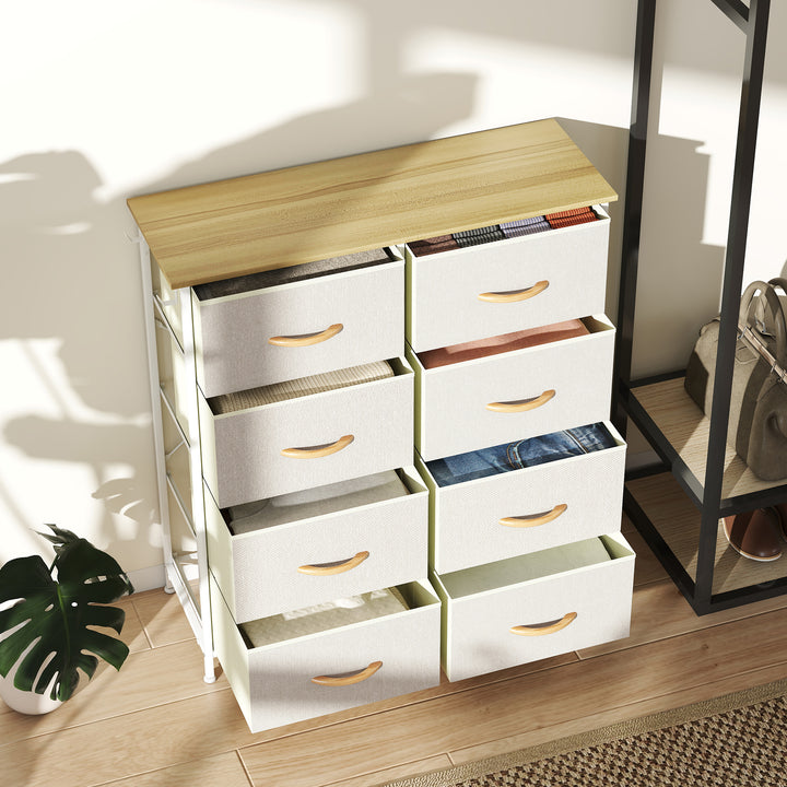 Kommode til soveværelset med 8 stofskuffer, stålstøtter, træfinish, 4 opbevaringslommer, 2 kroge, beige