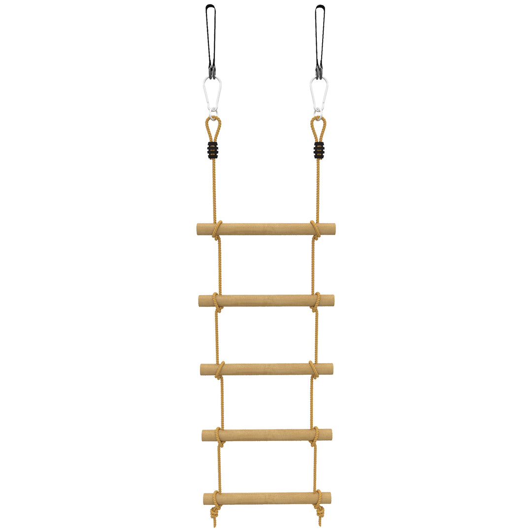Rebstige til børn, 5-trins klatrestige med 2 karabinhager og 2 træstropper, til alderen 3-8, 40 x 3,5 x 180 cm, naturtræ