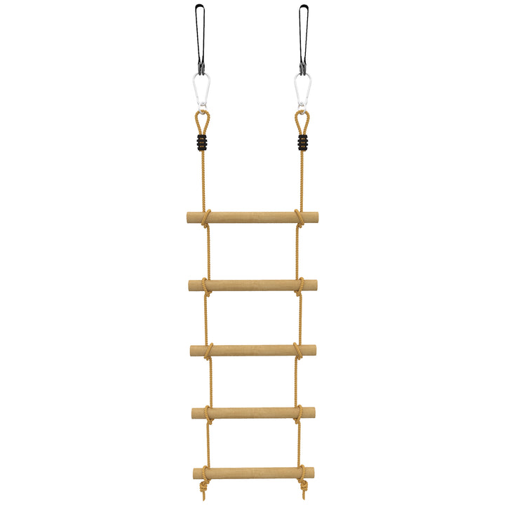 Rebstige til børn, 5-trins klatrestige med 2 karabinhager og 2 træstropper, til alderen 3-8, 40 x 3,5 x 180 cm, naturtræ