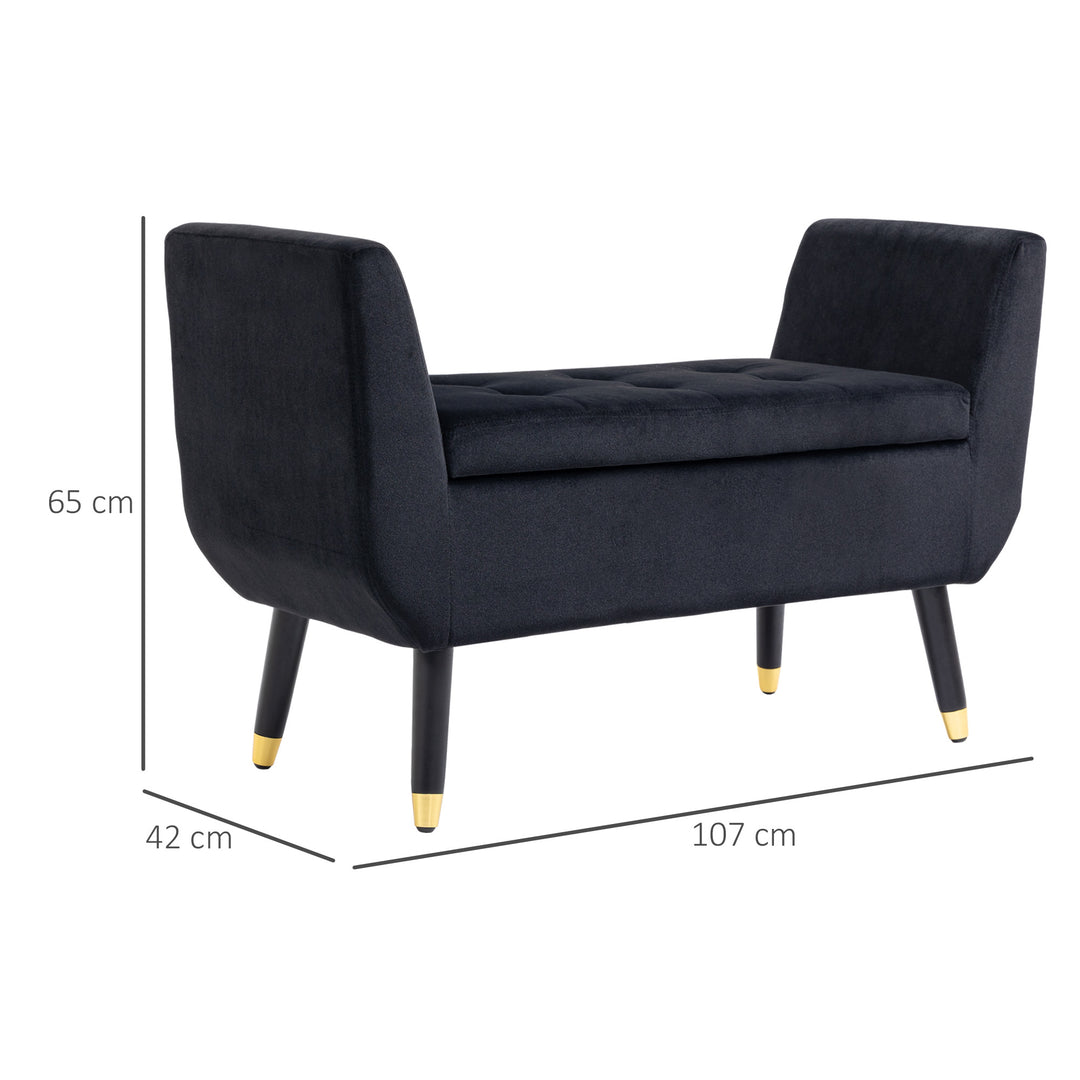 Polstret bænk med armlæn og opbevaring – fløjlslook, kommodebænk med træben til stue, entre eller soveværelse – 107 x 42 x 65 cm, sort
