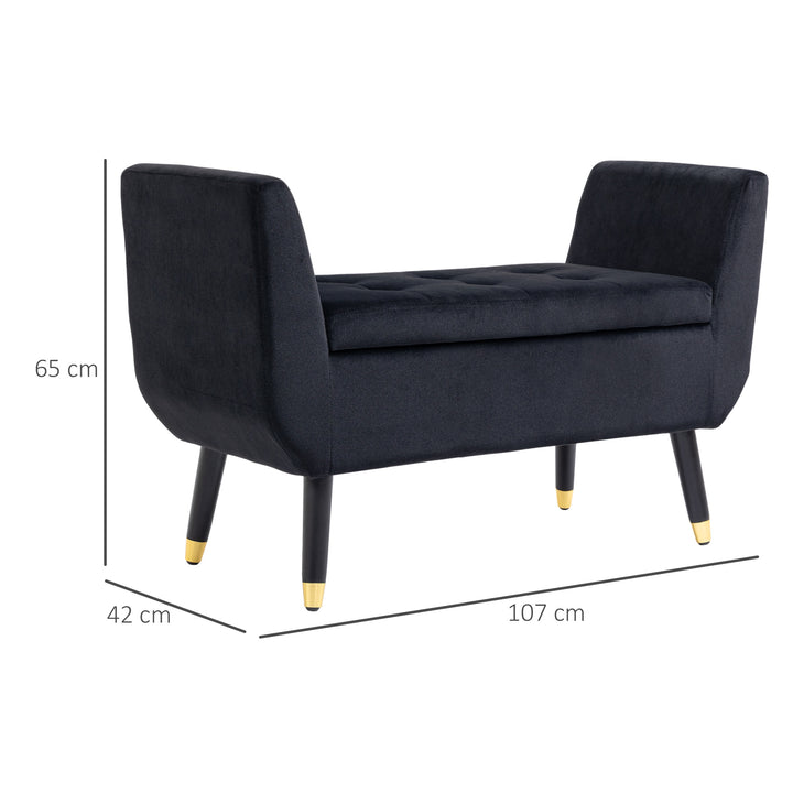 Polstret bænk med armlæn og opbevaring – fløjlslook, kommodebænk med træben til stue, entre eller soveværelse – 107 x 42 x 65 cm, sort