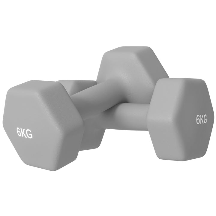 2 x 6 kg håndvægtsæt, sekskantet design, gulvvenlig, skridsikker, grå