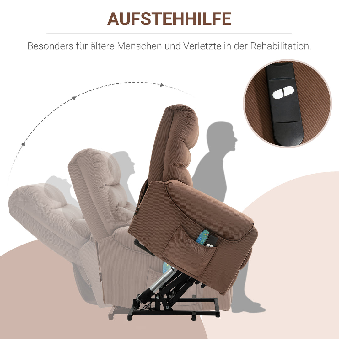 Tv-stol med elektrisk hæve-sænke, massagestol med lænefunktion og varmefunktion, afslapningsstol med fjernbetjening og sidelomme, justerbart polyesterstof, brun