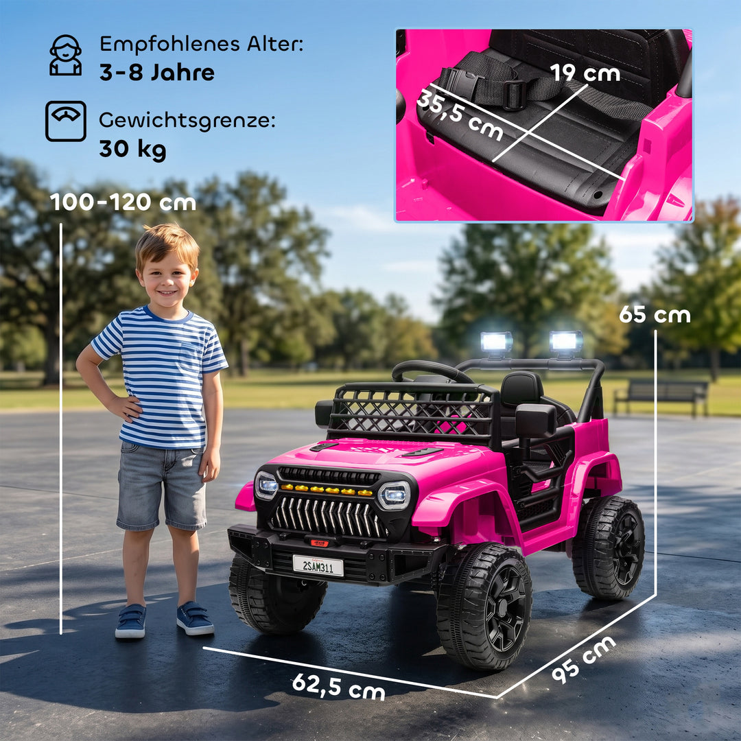 Børne elbil 12V med 2,4 GHz fjernbetjening, 2 motorer, horn, LED-lys, musik, til alderen 3-8, lyserød