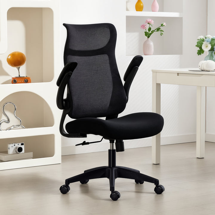 Ergonomisk kontorstol med 3D-armlæn, netryg, S-formet ryglæn, nakkestøtte, vippefunktion, sort