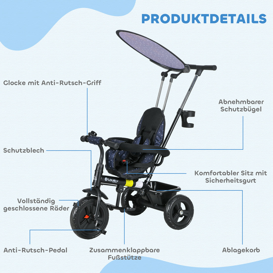 6-I-1 børnetrecykel med skubbehåndtag, kaleche, sele, opbevaringskurv, til 1-5 år, mørkeblå