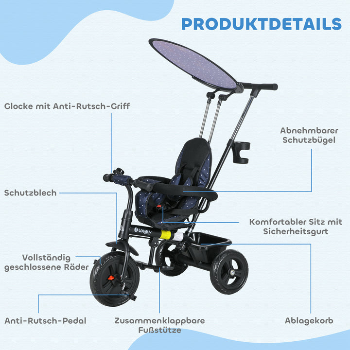 6-I-1 børnetrecykel med skubbehåndtag, kaleche, sele, opbevaringskurv, til 1-5 år, mørkeblå