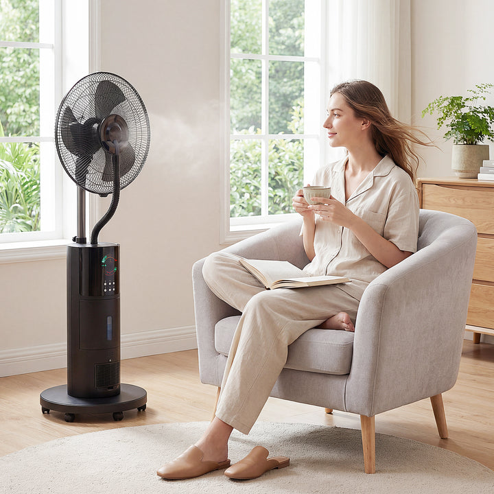 4-i-1 sokkelventilator med vandtåge, luftrenser, myggenet, 9-timers timer, 3 tilstande, fjernbetjening, sort