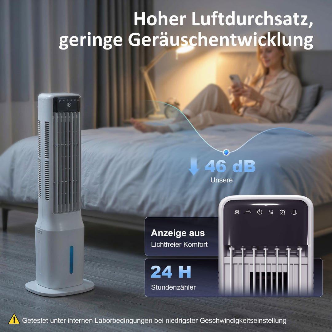 Bærbar luftkøler, 3-i-1 fordampningsluftkøler med 9-liters vandtank, 48° oscillation, 3 hastigheder, 3 tilstande, hvid