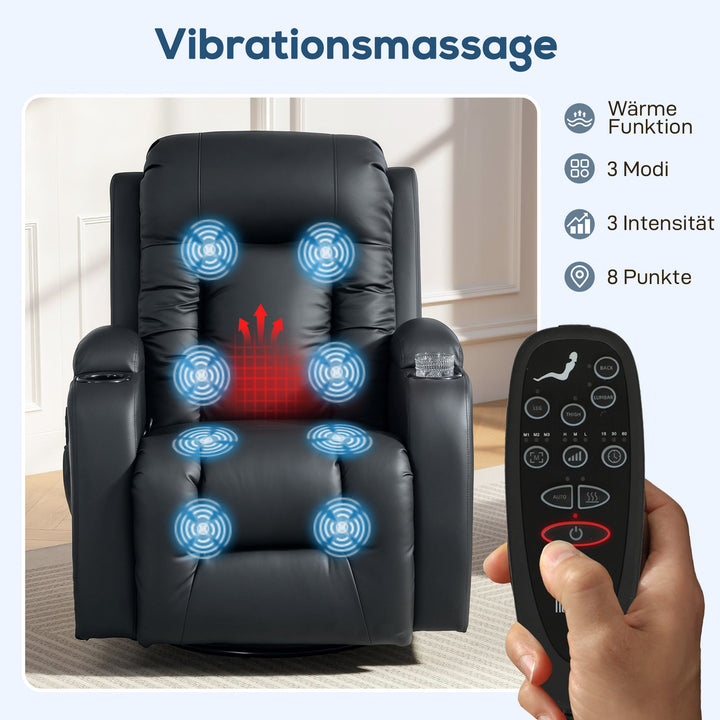 Massagestol med gynge-, læne- og varmefunktion, 3 tilstande, drejelig, sort