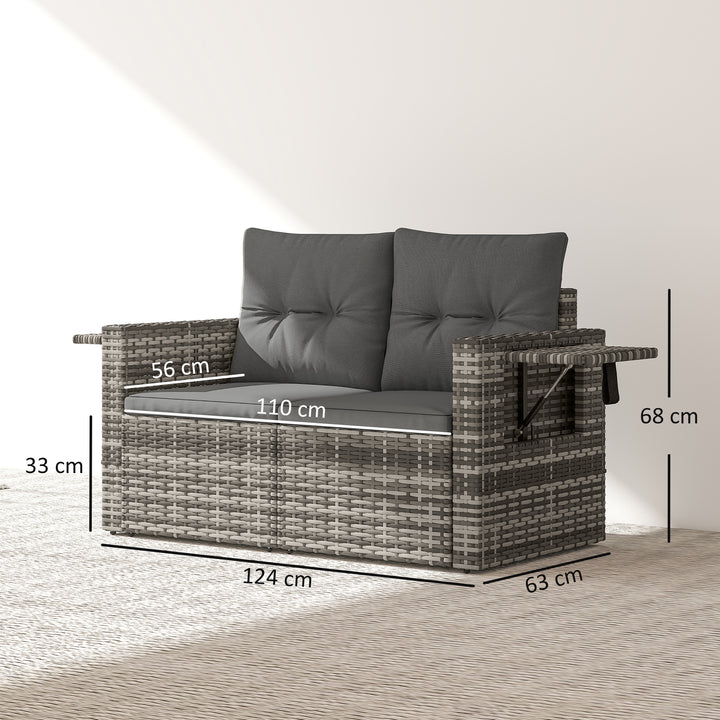 2-personers rattansofa med hynder, foldbare sidebakker, loungesofa, siddegruppe, lysegrå