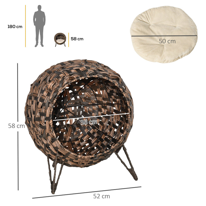 Rattan kattehus med hynde katte soveplads kattehule med hævede fødder brun 52 x 58 cm
