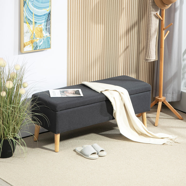 Polstret bænk med opbevaring, sengebænk i linnedlook, gummitræ, 110 x 39 x 45 cm, mørkegrå