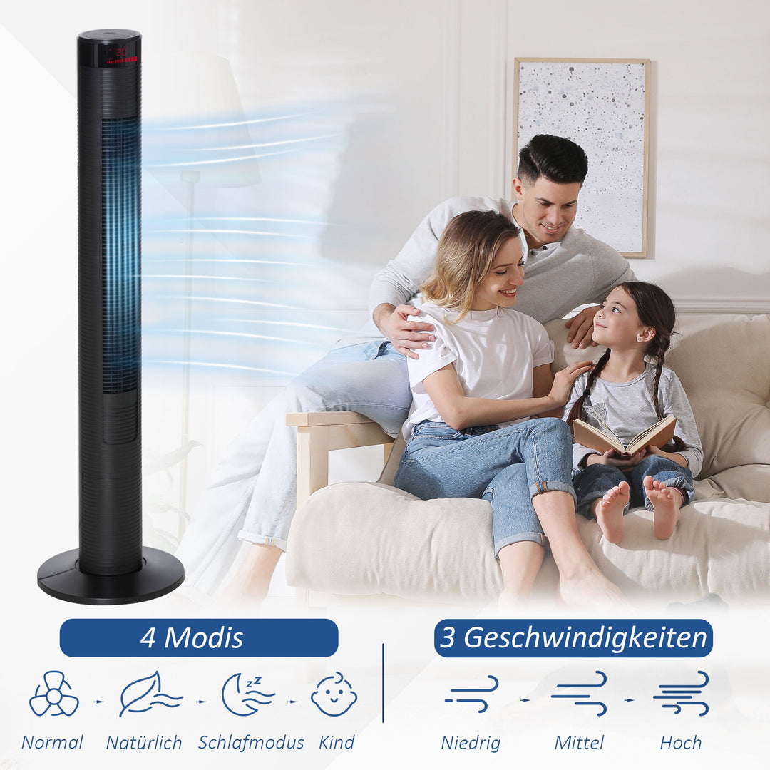 Stille tårnventilator med fjernbetjening, 117 cm, 70° oscillerende ventilator, standerventilator med 4 tilstande, 3 hastigheder, 12-timers timer, LED-display, sort
