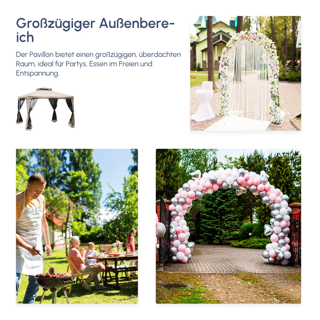 Havepavillon, havelyst, havetelt, partytelt med 4 sidepaneler, vejrbestandig, metal + polyester, grå, 2,94 x 2,94 x 2,65 m