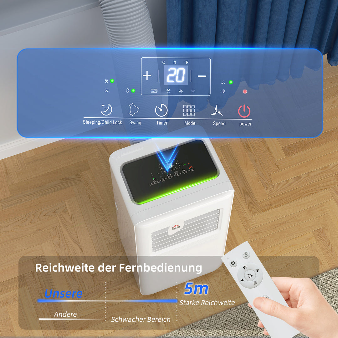 Bærbart klimaanlæg, forskellige indstillinger, LED-display, timer, hjul, hvid