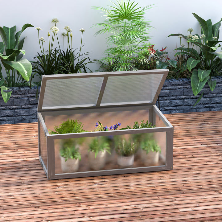 Koldramme-træ- og polycarbonatdrivhus 90 x 46 x 40 cm drivhus med overdækning vejrbestandig koldrammekasse til haveplantebed grå