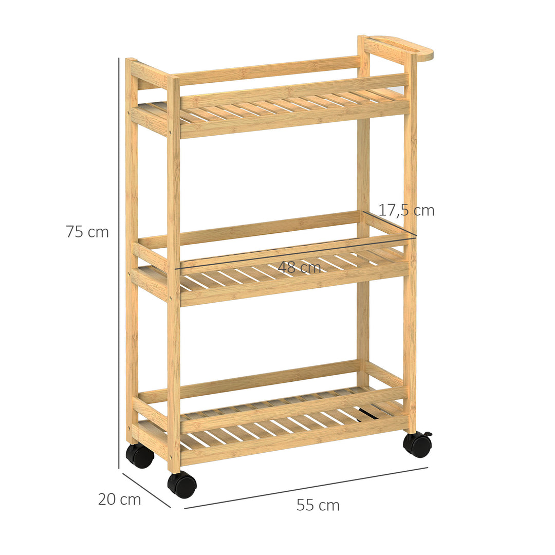 Serveringsvogn, 3 niveauer, lamelhylder, faldsikring, bambus, 55 x 20 x 75 cm