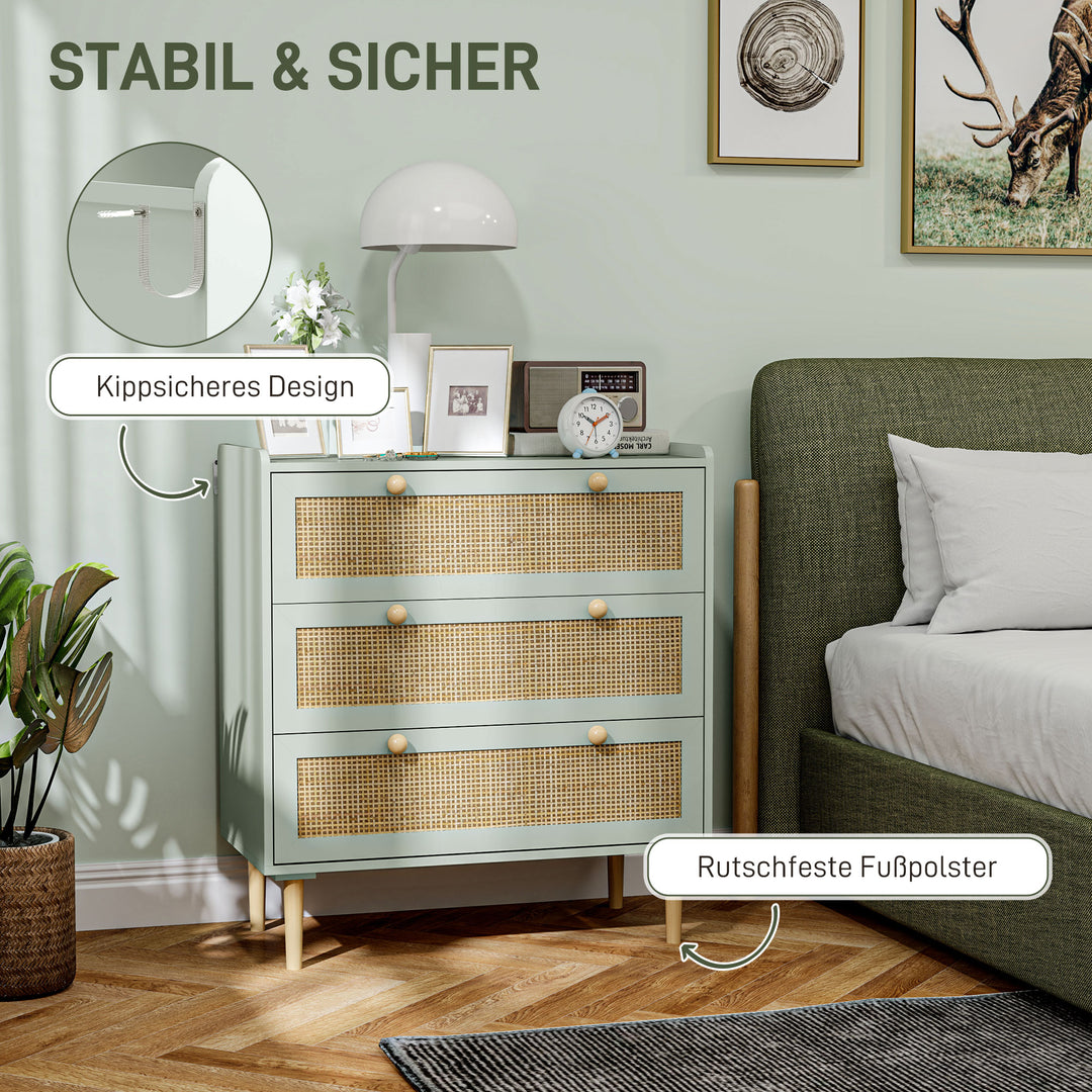 Kommode med 3 skuffer til soveværelset, rattanfronter, garderobekommode til entré, mdf, grøn