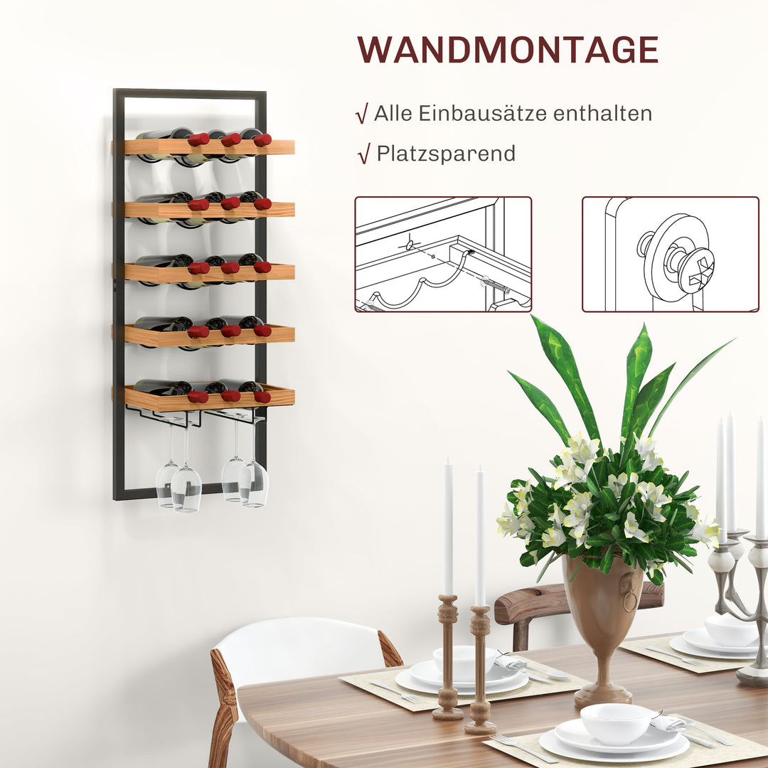 Vægmonteret vinreol, 5 etager, flaskeholder, glasholder, fyrretræ, stål, hjemmebar, køkken, stue, brun