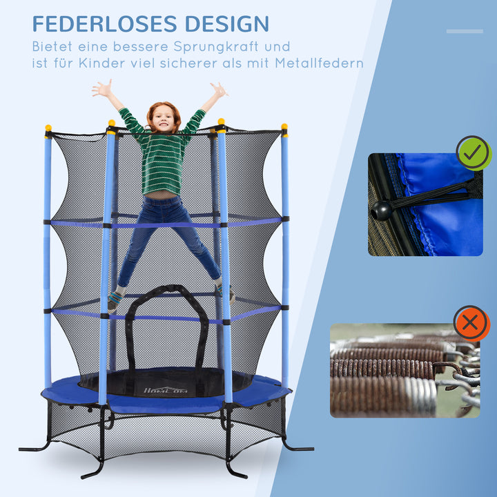 Trampolin til børn, 163 cm diameter, med sikkerhedsnet, indendørs og udendørs, lasteevne op til 50 kg, stål, plastik, blå