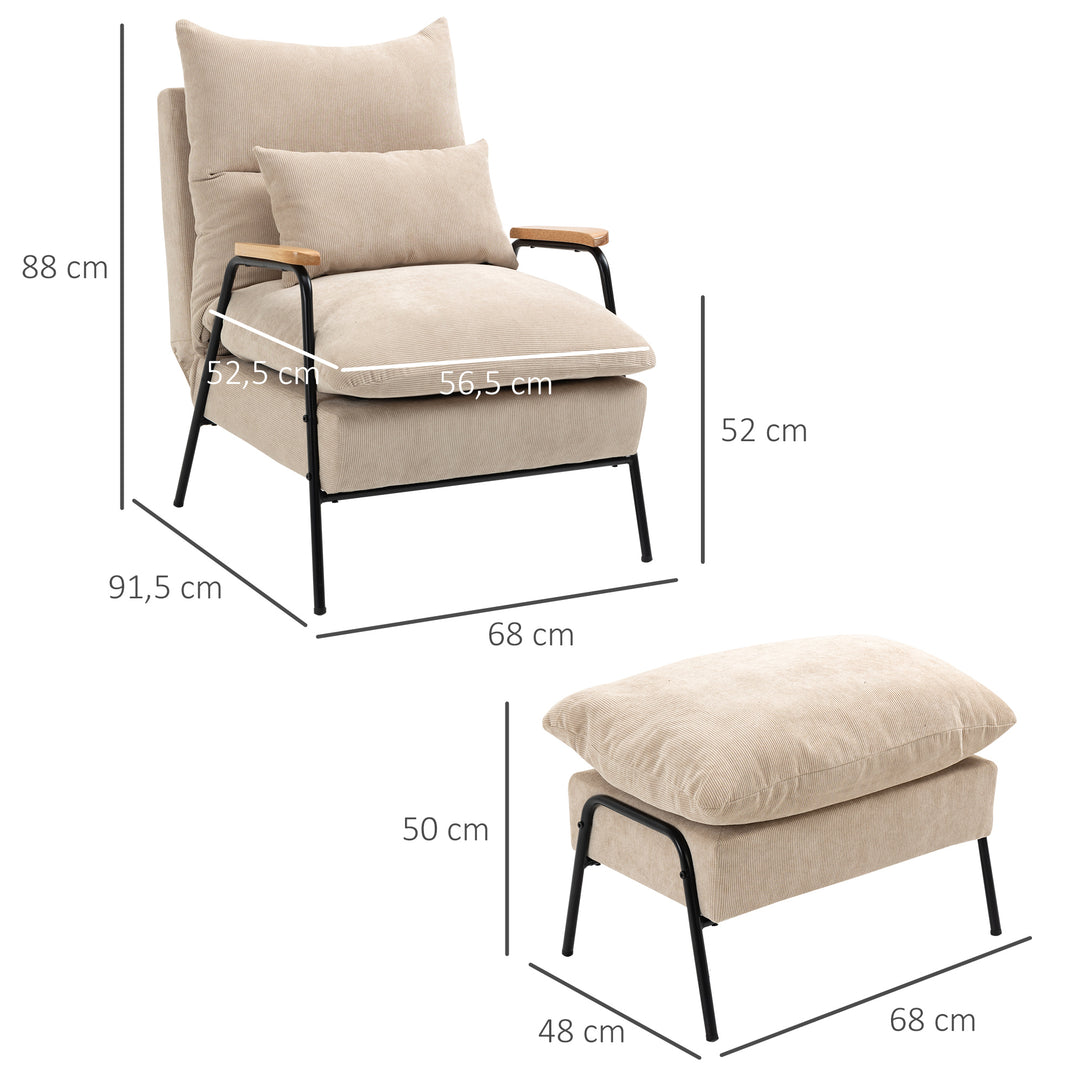 Polstret lænestol med fodskammel, lænestol med hvilefunktion, polstret lænestol, hynde, tv-lænestol, 68 x 91,5 x 88 cm, beige