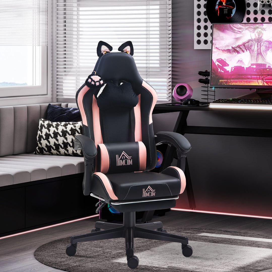 Gamingstol med katteører, lænelæn, udtrækkelig fodstøtte, op til 120 kg, pink/sort