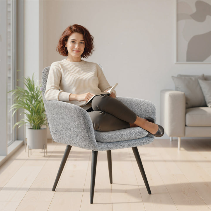 Moderne accentstol, polstret stol med metalben, linnedlook, lysegrå