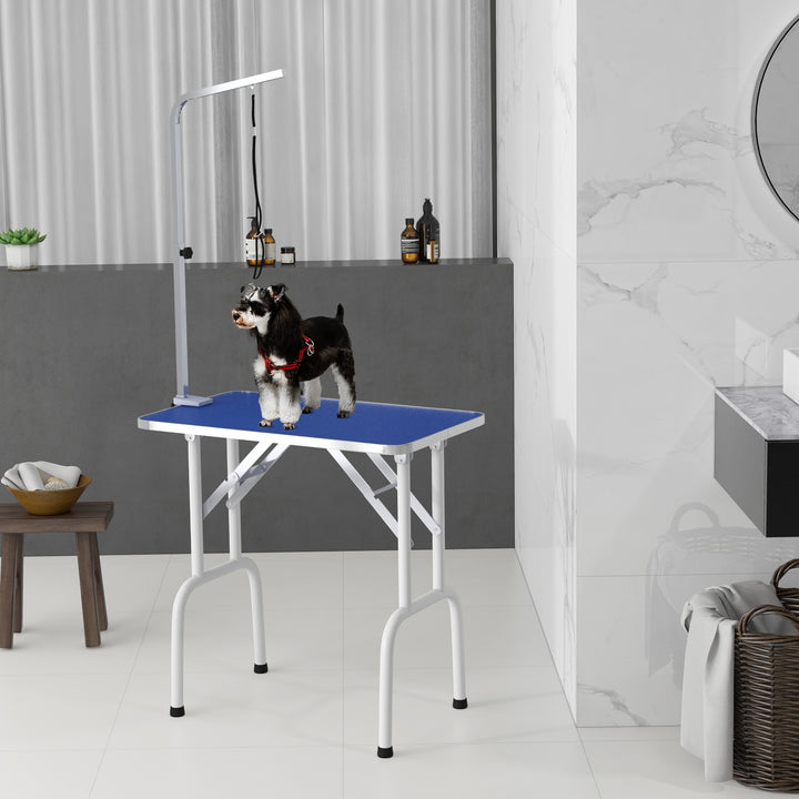 Kæledyrstrimlerbord til styling, børstning og vask af kæledyr, metal, blå