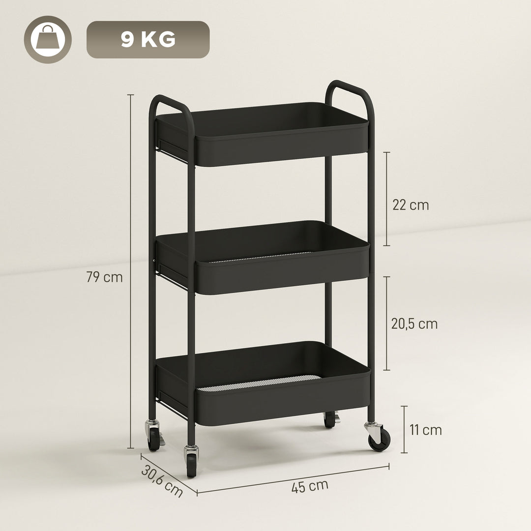 Multifunktionsvogn, rullevogn, køkkenvogn, 3 hylder, 4 hjul, 45 cm x 30,6 cm x 79 cm, sort