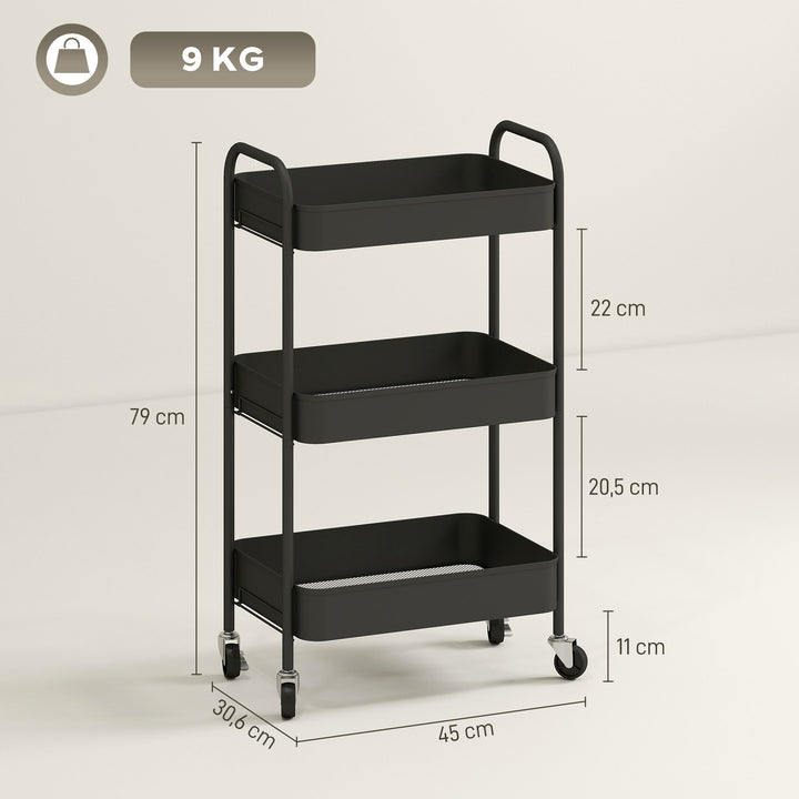 Multifunktionsvogn, rullevogn, køkkenvogn, 3 hylder, 4 hjul, 45 cm x 30,6 cm x 79 cm, sort