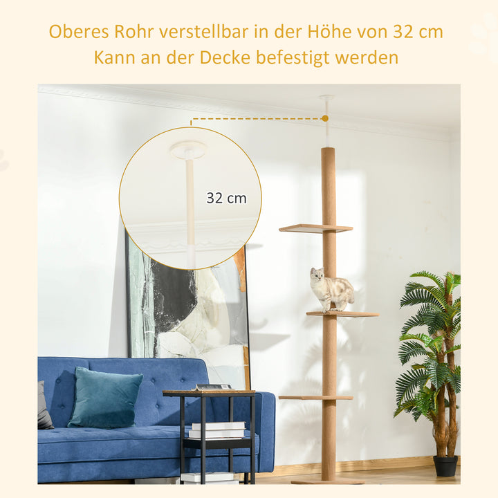 Kradsetræ lofthøjde, 228-260 cm højdejusterbart kradsetræ klatretræ til katte med 3 niveauer, kradsetræ til katte, legetræ fra gulv til loft lysebrun