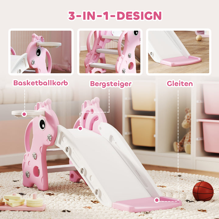 3-i-1 rutsjebane til børn, girafformet, basketballkurv, bold, pink
