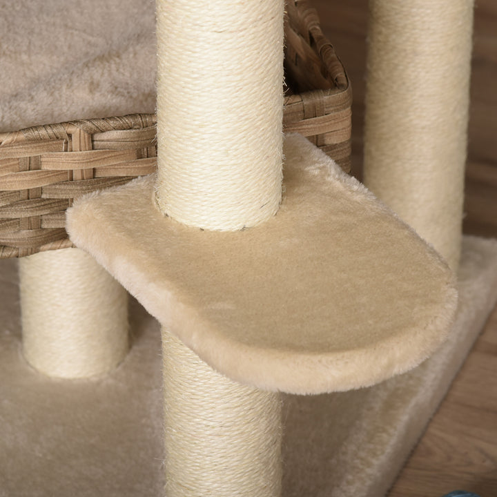 Rattan kradsetræ med kattehule kradsetræ i flere niveauer, klatretræ til katte, e1 mdf sisal, beige+brun, 55 x 55 x 174 cm