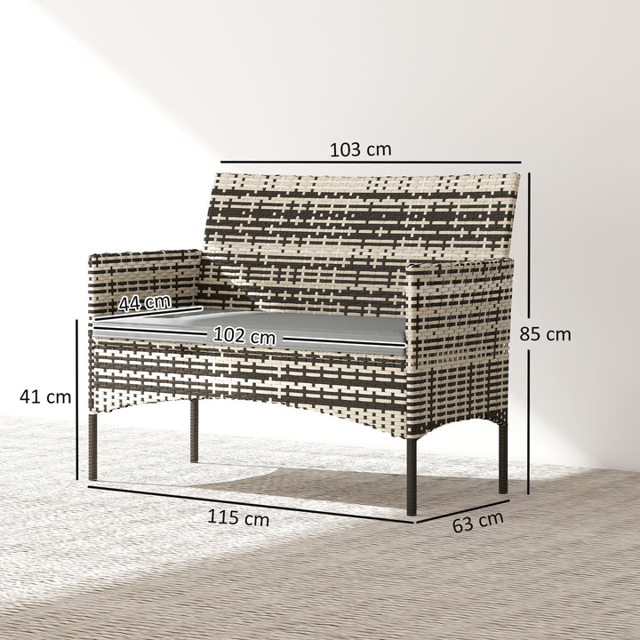 2-personers havesofa i rattan, PE-rattan havesofa med hynder, skridsikre måtter, stålstel, lysegrå