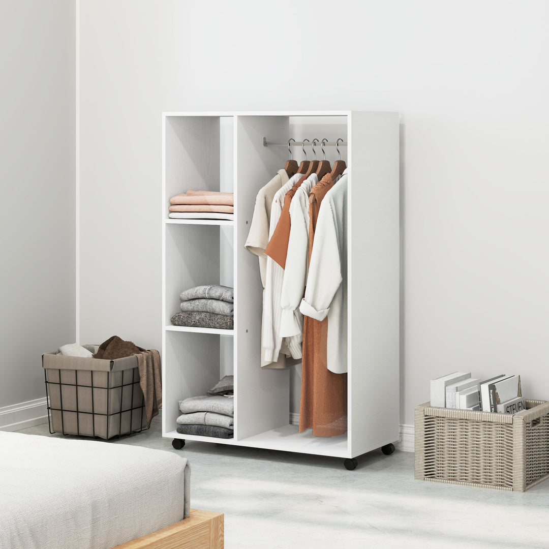 Garderobe på hjul, mobil garderobe, garderobeskab, rullende tøjstativ, 80 x 40 x 128 cm, hvid