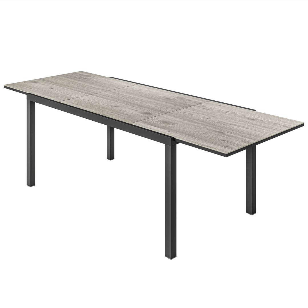 Udtrækkeligt spisebord til 6-8 personer, justerbart udendørsbord lavet af aluminium, stål, plastik, trælook, grå