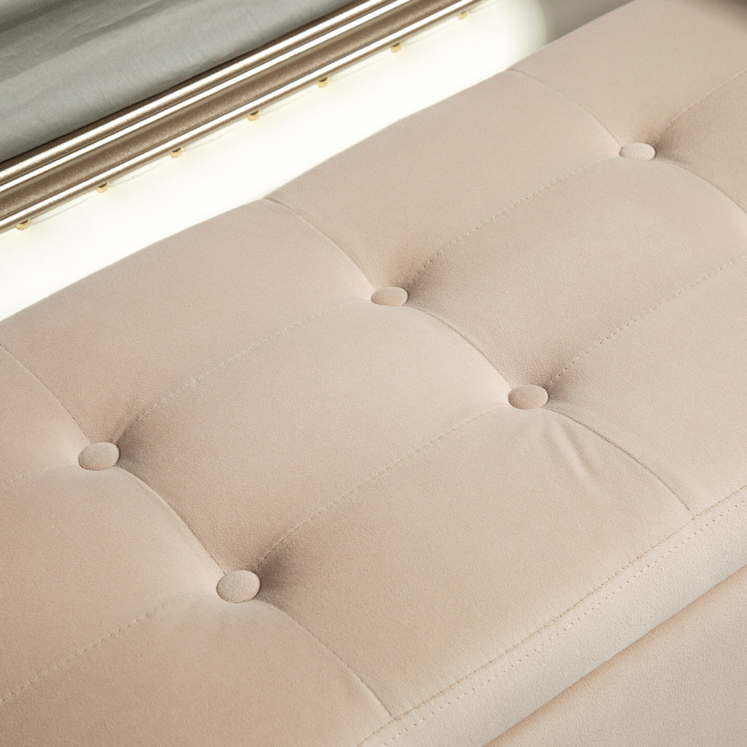 Polstret bænk med opbevaring, armlæn, fløjlspolyester, gummitræ, 107 x 42 x 65 cm, beige