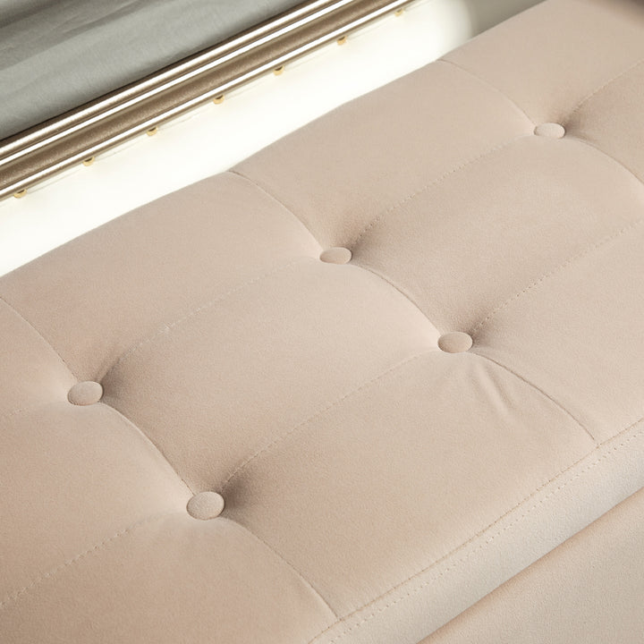 Polstret bænk med opbevaring, armlæn, fløjlspolyester, gummitræ, 107 x 42 x 65 cm, beige