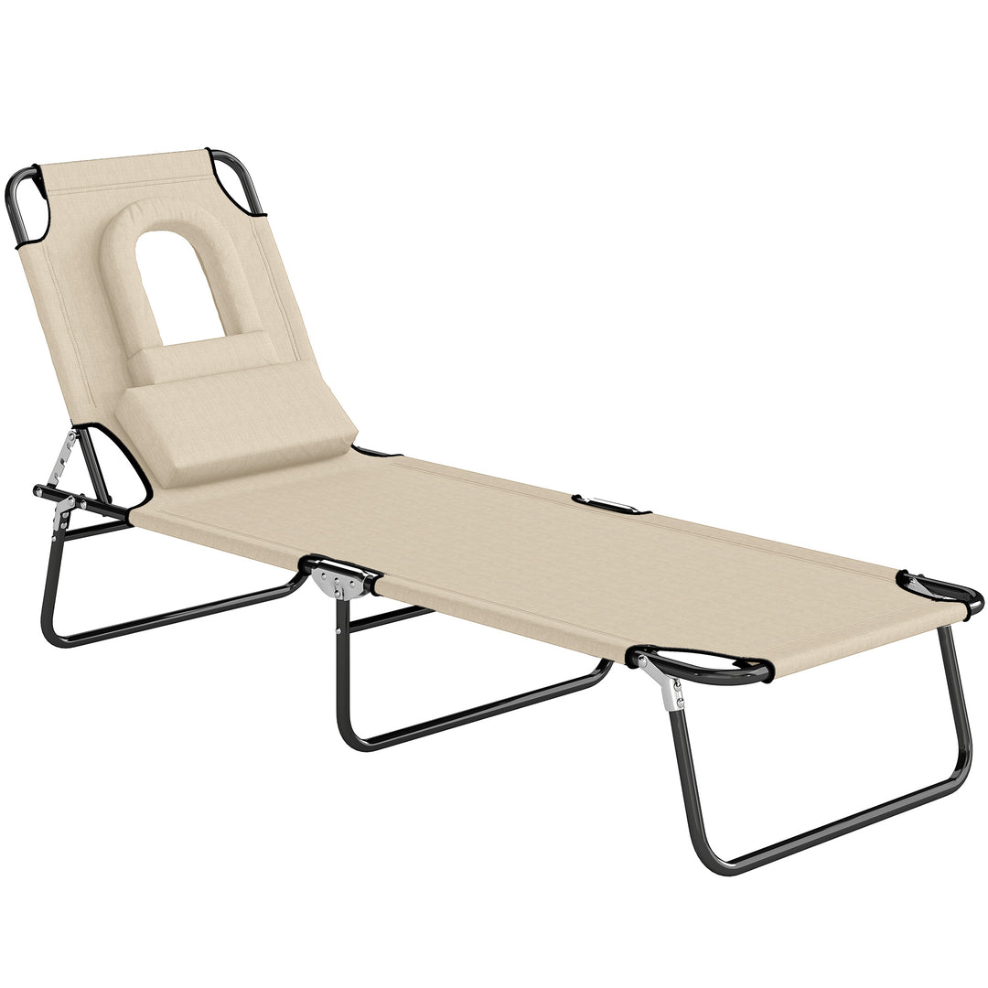 Solseng med hul til ansigtet og hynde, foldbar, vandafvisende betræk, metalstel, beige