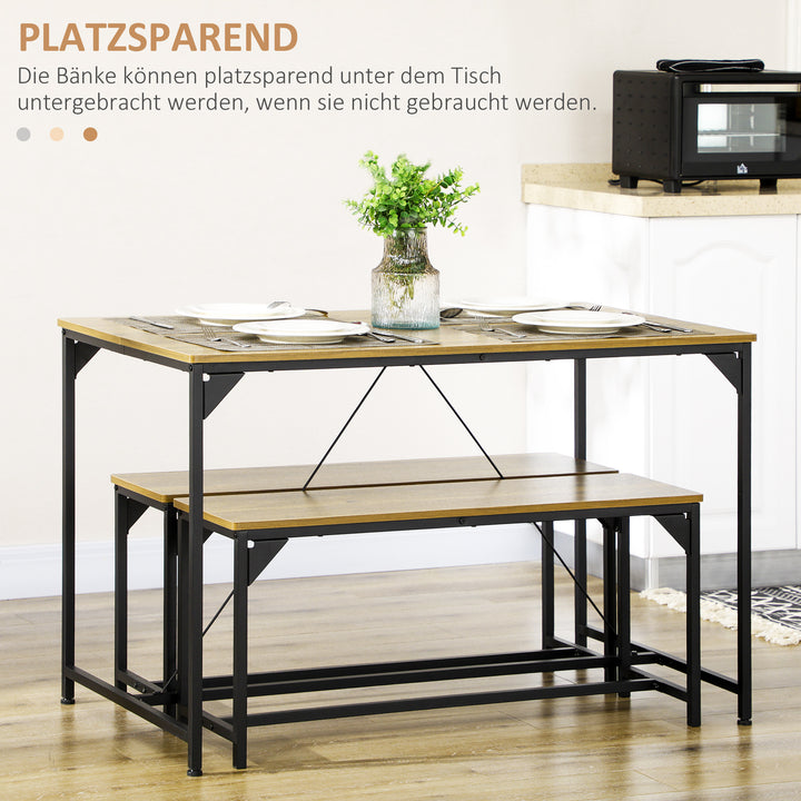 Spisesæt 4 personer spisebord med 2 bænke, industrielt design, 120 cm x 70 cm x 75 cm, sort + natur