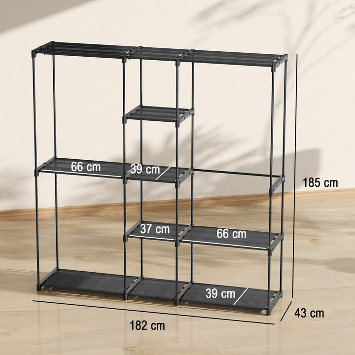 Åben garderobe, 4-etagers tøjstativ med 2 bøjlerum til stuen, 182 x 43 x 185 cm, sort