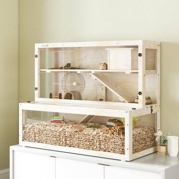 Hamsterbur, 3 niveauer, hytte, tilbehør, 100 x 50 x 84 cm, til flere små dyr, træ, plastik